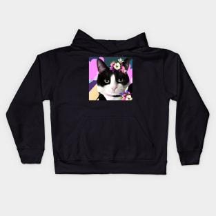 Black and White Cat with a Flower Tiara and Colourful Background. Kids Hoodie